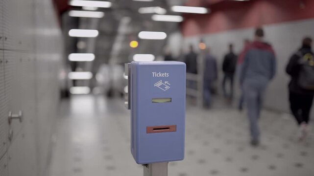Ticket validator for public transport in blue color on background walking passengers in subway in Munich, Germany. Public transportation ticket stamp machine in metro station in Munchen, Deuschland. 