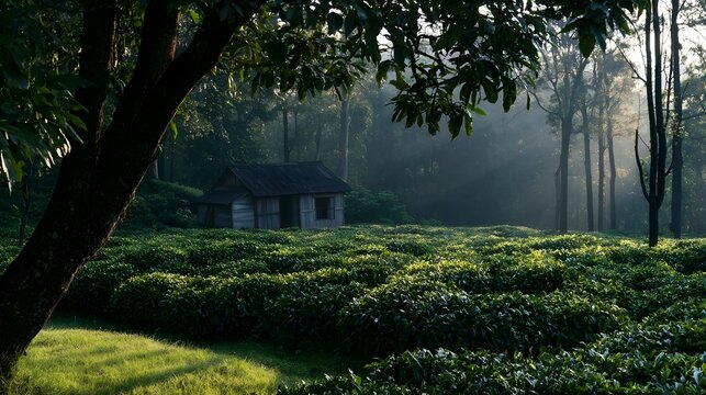 A serene landscape featuring a cultivated tea plantation with a rustic barn bathed in delicate light and shadow