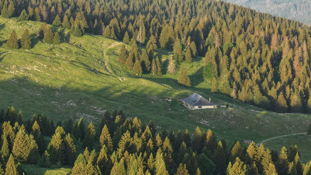 Aerial view of a mountain chalet nestled in the lush green slopes of Col de la Faucille surrounded by dense pine forests in Gex, Auvergne-Rhone-Alpes, France.