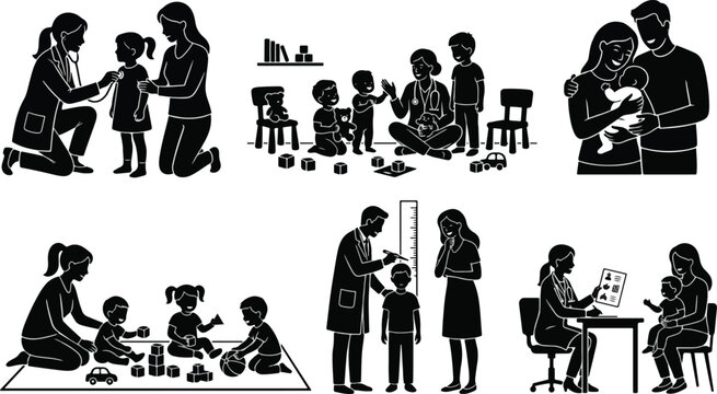 Pediatrician medical examination and child care silhouette set