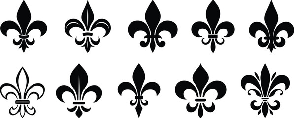 symbolic image Fluer de lis set, horizontal banner monochrome fleur de lis lily, antique monarchy symbols on transparent background, vintage decorative design elements coat of arms graphic design © MR Vector Store