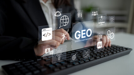 Obraz premium Digital marketing concept featuring GEO strategy, optimizing content for AI search engines and large language models. Evolution of SEO, brand authority, and AI citation visibility. Corpus