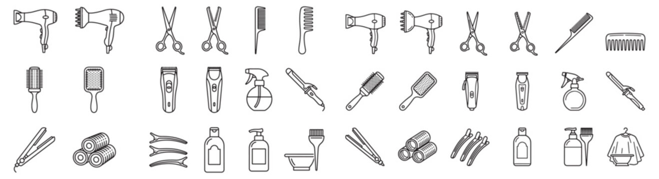 Professional Hair Salon Tools Line Art Icons Set &mdash; Brushes, Scissors, Dryers, Clippers and Styling Accessories