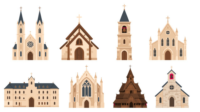 Set of church and chapel buildings with bell tower icons