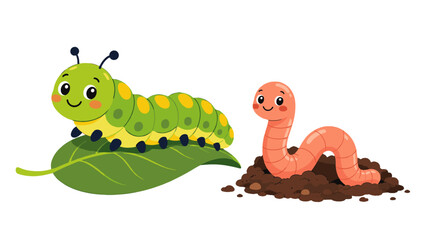 Naklejka premium Cute caterpillar on leaf and earthworm cartoon illustration