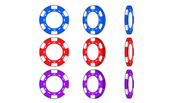 Blue red and purple poker chips in multiple rotation views