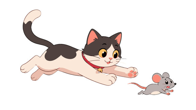 Cartoon cat chasing a small mouse in playful jump
