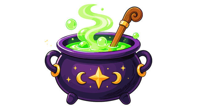 Cartoon magic cauldron with green bubbling potion icon