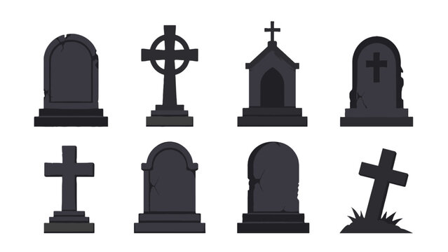 Set of dark gravestone and cross silhouettes on white