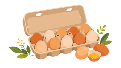 Obraz premium Open cardboard egg carton with brown and white eggs vector