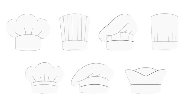 Set of chef hats and toques in simple outline style