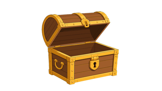 Open wooden treasure chest with gold metal trim illustration