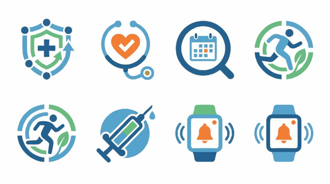 Colorful flat design icons for healthcare and technology.