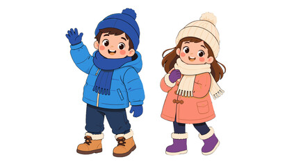 Cartoon boy and girl in winter clothes isolated on white © Andrei