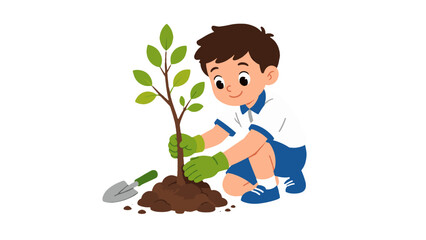 Boy planting young tree with shovel cartoon vector illustration © Andrei