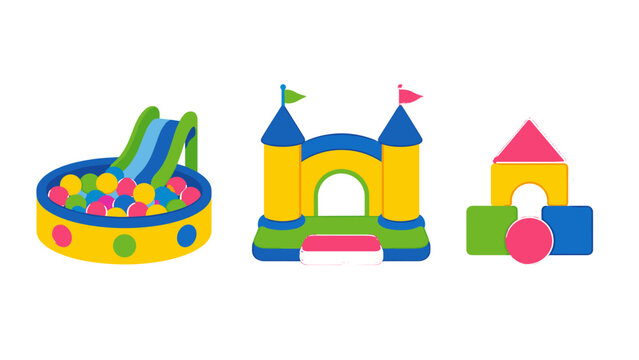 Colorful playroom element icons with ball pit, castle, and blocks