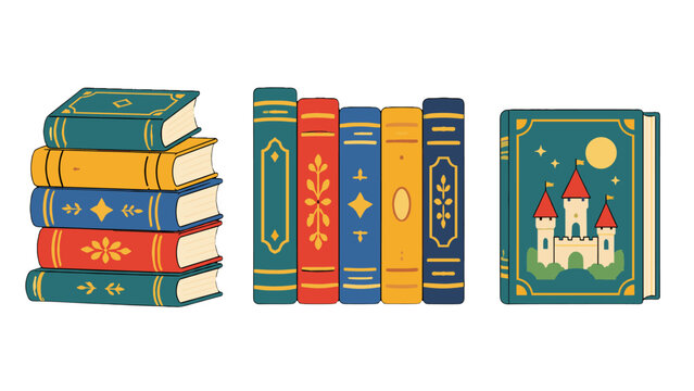 Colorful vintage storybooks and stacked books vector set