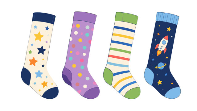 Set of colorful long children's socks with playful patterns