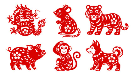 Red papercut style dragon, rat, tiger, pig, monkey and dog © Andrei