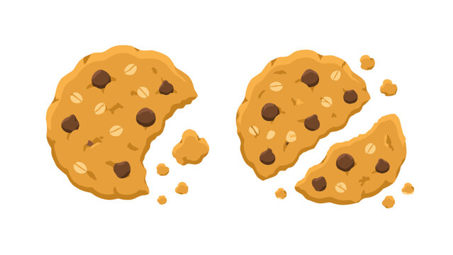 Bitten chocolate chip oatmeal cookies with crumbs vector set