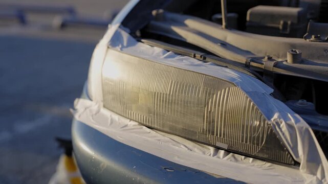 A man applies wax to the headlights of his car.