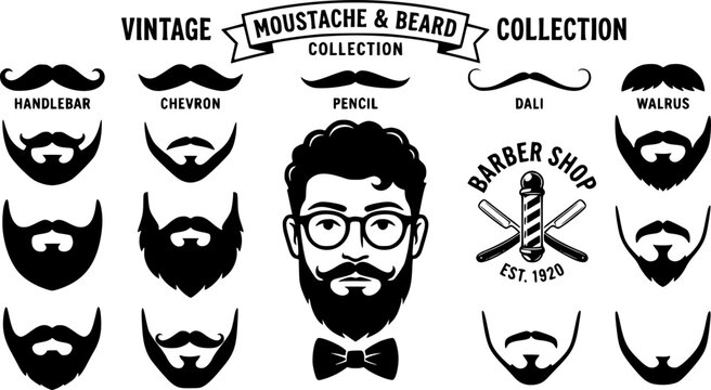 Moustaches and beards. Vintage hipster moustache silhouettes, moustache and beard masculine vector symbols set. Gentleman face hairstyle. Black curly hair, glasses and bow, barber logo