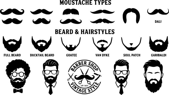 Moustaches and beards. Vintage hipster moustache silhouettes, moustache and beard masculine vector symbols set. Gentleman face hairstyle. Black curly hair, glasses and bow, barber logo