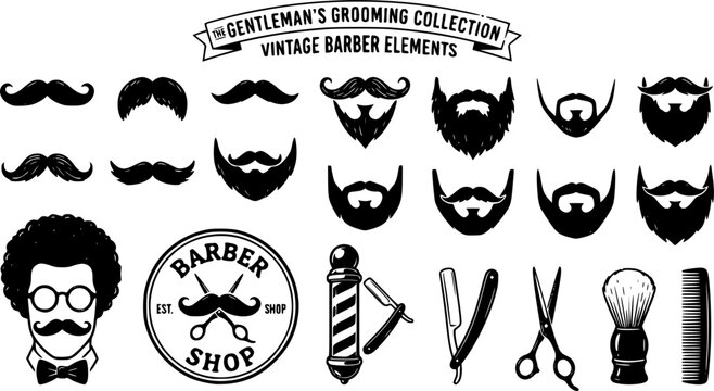 Moustaches and beards. Vintage hipster moustache silhouettes, moustache and beard masculine vector symbols set. Gentleman face hairstyle. Black curly hair, glasses and bow, barber logo