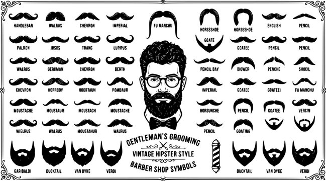 Moustaches and beards. Vintage hipster moustache silhouettes, moustache and beard masculine vector symbols set. Gentleman face hairstyle. Black curly hair, glasses and bow, barber logo