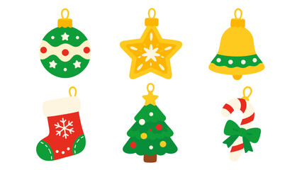 Naklejka premium Cute Christmas ornament set with tree, bell, star and stocking