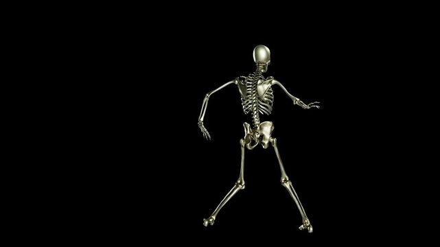 3d animated golden skeleton performing a funny dance routine against a plain black background studio