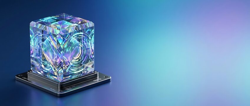 A crystal cube with holographic colors sits on a metal base against a gradient blue background.