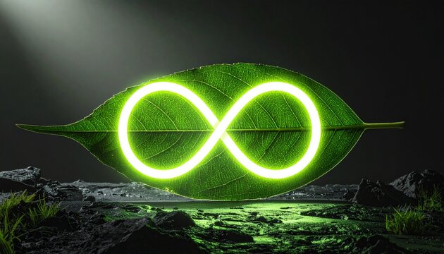 Glowing green infinity symbol on a lush leaf, representing endless nature and sustainability.