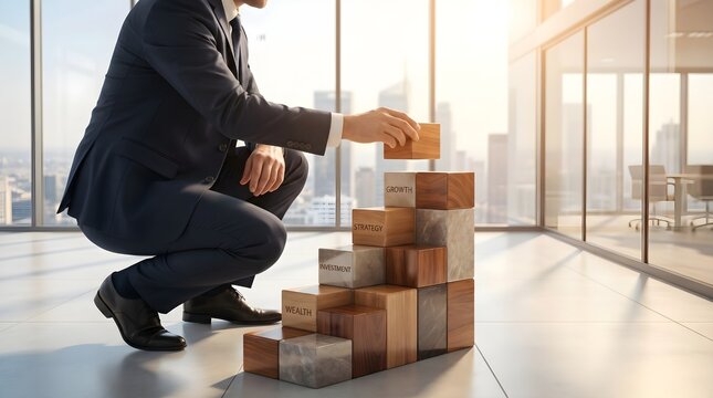 Businessman building blocks with growth strategy investment wealth concept in modern office