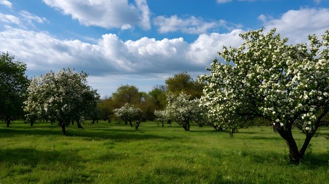 A lush and expansive orchard filled with blossoming trees under a gentle breezy sky with drifting clouds