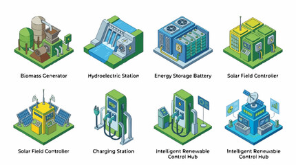 Isometric illustration of renewable energy and industrial facilities. © Hadik