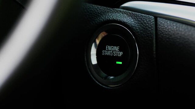 Female Finger Pressing Car Start Stop Engine Button Close Up Macro Shot Starting Modern Vehicle Ignition System 4K