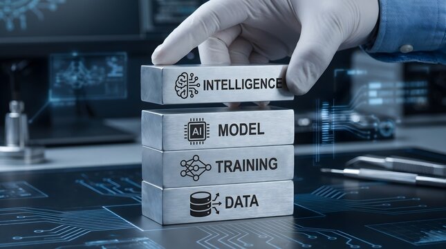 Hand holding block with artificial intelligence model training data concept on circuit board