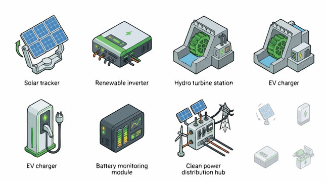 Collection of renewable energy and industrial technology icons.