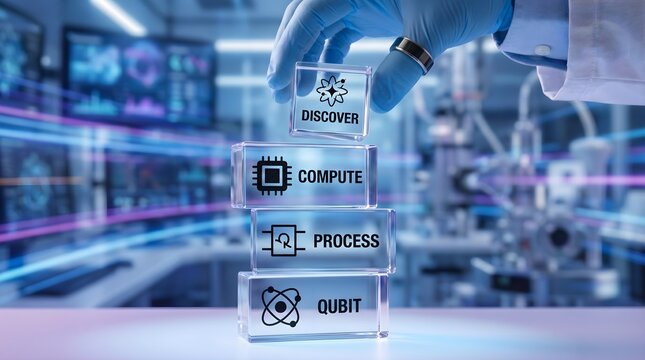 Hand placing a discover block on top of compute process qubit blocks