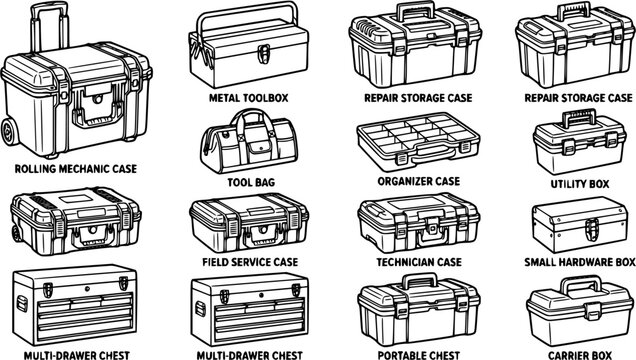 Black line toolbox vector set, portable repair boxes and mechanic storage cases isolated on white background, maintenance equipment illustration