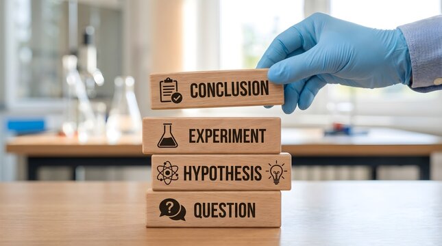 Hand placing wooden blocks with scientific method steps on a laboratory table