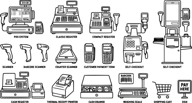 Black line cash register vector set, retail checkout machines and payment counter equipment isolated on white background, store payment illustration