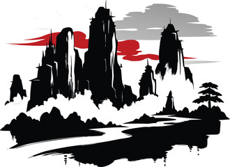 Obraz premium Chinese ink style mountain landscape