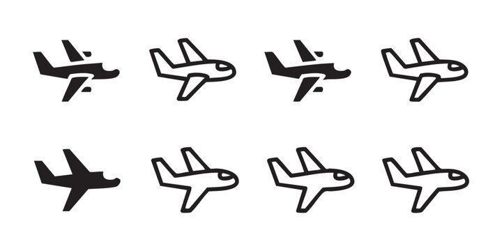 Aviation silhouette icons representing small private planes and commercial airliners for travel web.