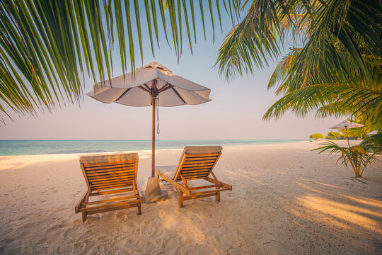 Beautiful calm ocean pastel sunset soft clouds romantic couple tourism. Tranquil tropical sea glowing dreamy evening light. Serene seascape backdrop, peaceful summer vacation travel meditation escape
