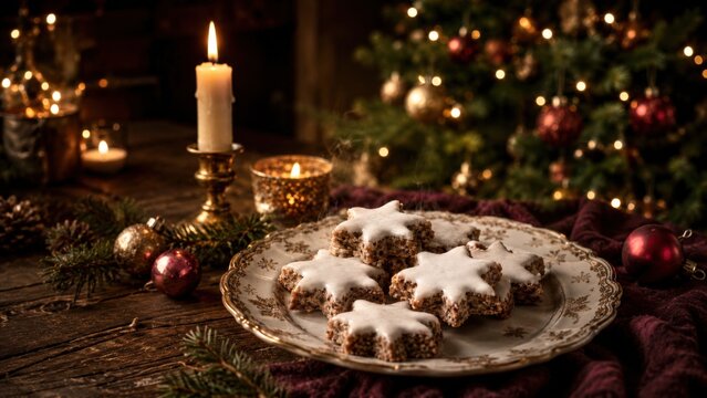 Klassische Zimtsterne auf nostalgischem Teller mit Kerzenlicht und Weihnachtsbaum im Hintergrund. Gem&uuml;tliche deutsche Weihnachtsatmosph&auml;re voller Tradition und Genuss.