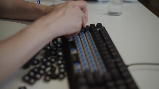 Close-up view of hands using keycap puller to remove black keys from mechanical keyboard for cleaning, repair, customization, revealing blue switches underneath on white desk. Shooting in slow motion