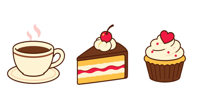 Cute coffee cup, cake slice, and cupcake vector icon set