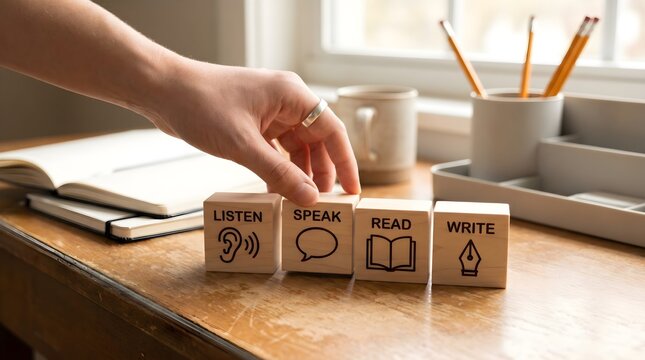 Wooden blocks with language learning concepts on a desk with a hand